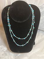 Full view of the double-strand turquoise chip necklace on black jewelry display stand.