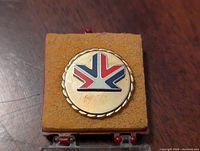 Close-up of enamel pin showing red and blue maple leaf on white background with gold rope border.