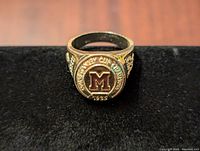 Front view of the ring showing the Montreal Maroons 'M' logo with 'Stanley Cup Champions 1935' text in gold tone metal