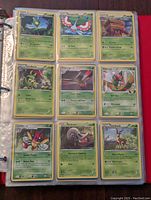 Page of Pokemon TCG cards featuring grass-type Pokemon including Leavanny, Masquerain, Crustle, Swadloon, Yanmega, Ledian, Shelmet, and Sawsbuck.