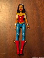 Front view of articulated Wonder Woman figure showing costume and facial details.