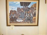 Frontal photo showing the full painting of three men resting in front of a tractor and barn, capturing the color and composition.