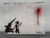 Full view of the unframed painting on canvas with silhouette figures and red splatter.