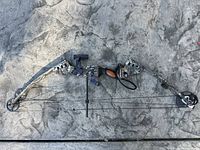 Top-down overview of bow showing limbs, riser, cams, arrow rest and stabilizer