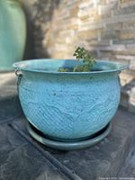 Side view of light blue vintage metal planter pot showing textured embossed design and small plant growing inside, placed outdoors on a surface against stone wall.