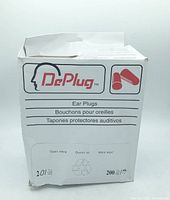 Front view of the white DePlug ear plugs box showing branding and quantity (200 pairs).