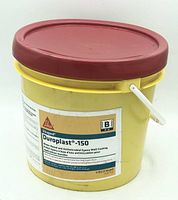 Yellow plastic pail with red lid labeled 'Duroplast-150' by Sika containing water-based antimicrobial epoxy coating for walls.