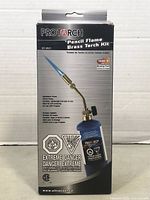 Box of Protorch Pencil Flame Brass Torch Kit showing product image and safety warnings