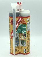 Image of the Sika AnchorFix-3001 dual cartridge epoxy anchoring adhesive, 600mL size, with attached mixing nozzle and label depicting high-load anchoring applications.