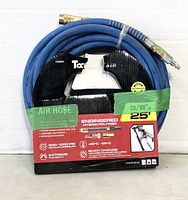 Blue ToolTech 3/8 inch diameter by 25 foot long air hose coiled with packaging showing product details and specifications.