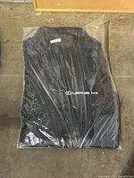 Photo of sealed black fabric Lexus NX floor mat showing Lexus NX logo in white embroidery, lying on floor.