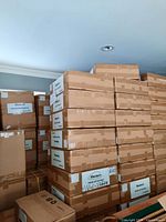 Stack of large cardboard boxes labeled Westech LED Downlight Spotlights, tightly packed in a room.