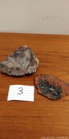 Two roughly triangular pieces of fossilized rock placed on wooden surface with a handwritten number 3 card.