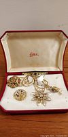 Full lot view inside a red and cream Eslex jewelry box showing several brooches, earrings, and chains.