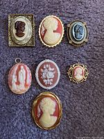 Seven carved cameo jewelry pieces including, one pendant and six brooches, detailed in various frames and colors