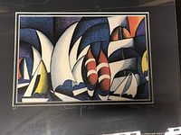 Close-up of the framed print showing the abstract sailboats, signature, date 2000, and artist's proof notation