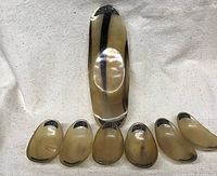 Full view of the seven dishes set, showing one large dish and six smaller dishes arranged in a row, all made from buffalo horn with silver trim decoration.