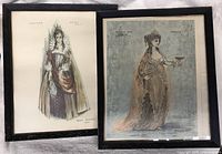 Two framed vintage Stratford Theatre costume art plates side by side, showing delicate pastel and ink character designs with black frames