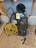 All four fans grouped on floor showing brands and sizes