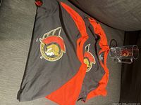 Two Ottawa Senators S/M shirts and one clear plastic beer stein displayed on a grey surface.