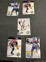 Front view of five Edmonton Oilers hockey cards from Pro Set 1992 showing players in action