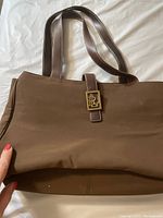 Brown tote bag front view showing fabric body, leather handles with beige stitching and gold logo buckle on flap.
