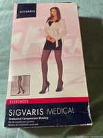Front packaging of Sigvaris Medical Graduated Compression Hosiery showing a model wearing the product, with brand and model details.
