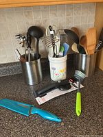 Assorted kitchen utensils including ladles, wooden spoons, metal graters, a can opener, and a brush arranged on kitchen counter.