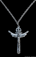 Close-up of the detailed pewter crucifix pendant with Jesus figure and halo, showing the design elements clearly.