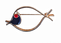 Top angle showing the fish brooch with gold-tone metal frame, black enamel body and red enamel eye, horizontal orientation