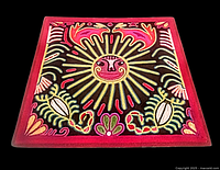 Full view of the square Huichol yarn painting showing central sun face and colorful surrounding motifs framed in red yarn.
