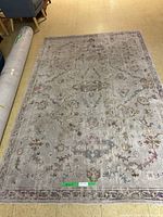 Full view of the area rug laid out on a floor showing the overall condition and pattern.