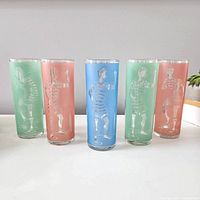 Five frosted highball glasses in pastel green, pink, blue, green, and coral with silver pinup bathing suit figures in different poses