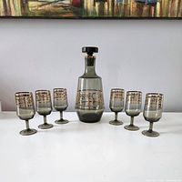 Smoke-colored glass decanter with stopper and six matching goblets arranged in an arc showing decorative gold patterns.