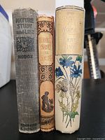 Front view of the three vintage hardcover books standing vertically, showing titles on the spines