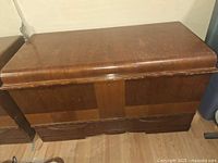 View of closed wooden trunk showing rectangular design with polished brown wood and panel details.