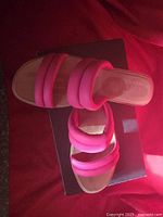 Pair of pink Sorel women's sandals size 9 shown on box top, showing three padded straps and tan footbed.