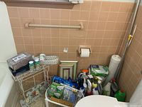 Overview photo showing the metal bathroom stand filled with various half-full cleaning bottles, two framed pictures on the floor, and other toiletries and bathroom accessories grouped around.