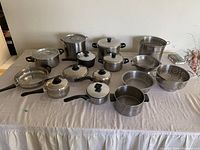 Full overview of 14 assorted pots, pans, and strainers on a table