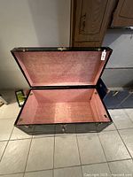 Open black trunk showing the spacious pink fabric-lined interior and tray inside lid