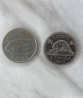 Front and back of two Canadian 5 cent coins, dated 1981 and 1965, showing the reverse designs.