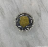 One silver coin with gold-plated profile of Donald Trump, 'KEEP AMERICA GREAT!' text, year 2020 and inscriptions, encased in protective plastic holder on a marble surface.
