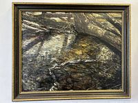 Framed oil painting showing a deep forest scene with water and roots.