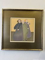 Full framed painting showing three abstract figures on silk fabric in muted tones.