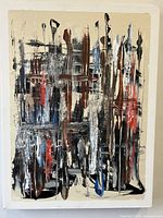 Front view of the vibrant abstract modernist oil painting on canvas showing layered brush strokes and multiple colors.