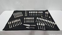 Complete set of silverware arranged on black cloth showing knives, forks, spoons, serving utensils, and cake servers.
