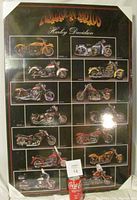 Front view of a sealed Harley Davidson Motorcycles poster on board showing the grid layout of various motorcycle models with a black background and orange title.