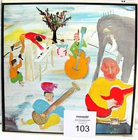 Front view of the vinyl LP gatefold jacket showing colorful abstract artwork of musicians and an elephant.