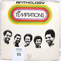 Front cover of The Temptations Anthology triple LP gatefold album jacket with multicolored graphics and pixelated member portraits.