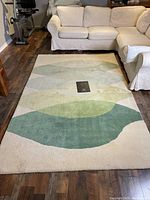 Full view of the Alexanian wool rug laid out on a wood floor between a white sectional sofa and an exercise bike. Shows abstract green shapes on cream field.